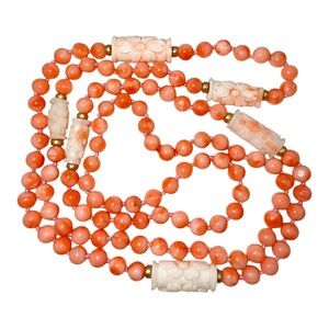 Vintage Natural Pink Angel Skin Coral Carved & Knotted Beaded Necklace